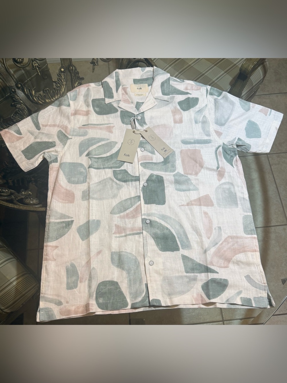 Folk Linen-Blend Shirt with Sage Green & Blush Print - Men’s Large